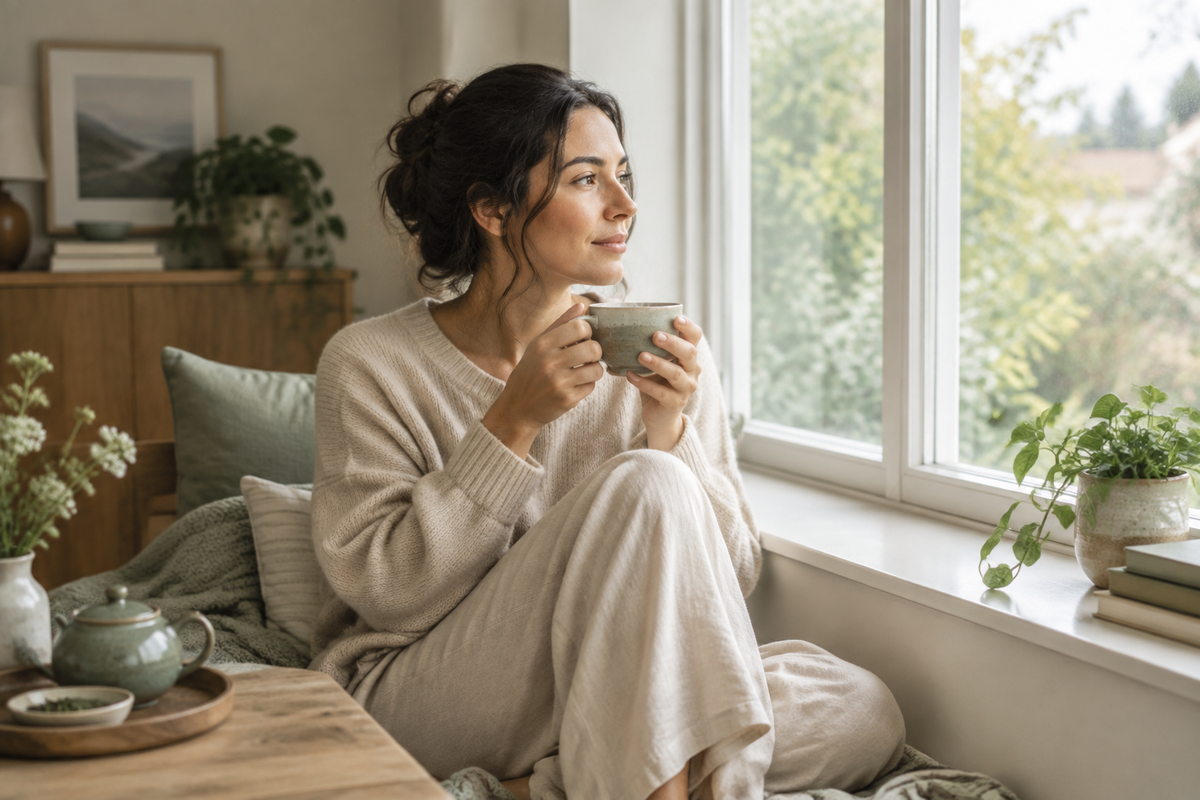 Woman holding a warm cup of tea, looking calm and relaxed.