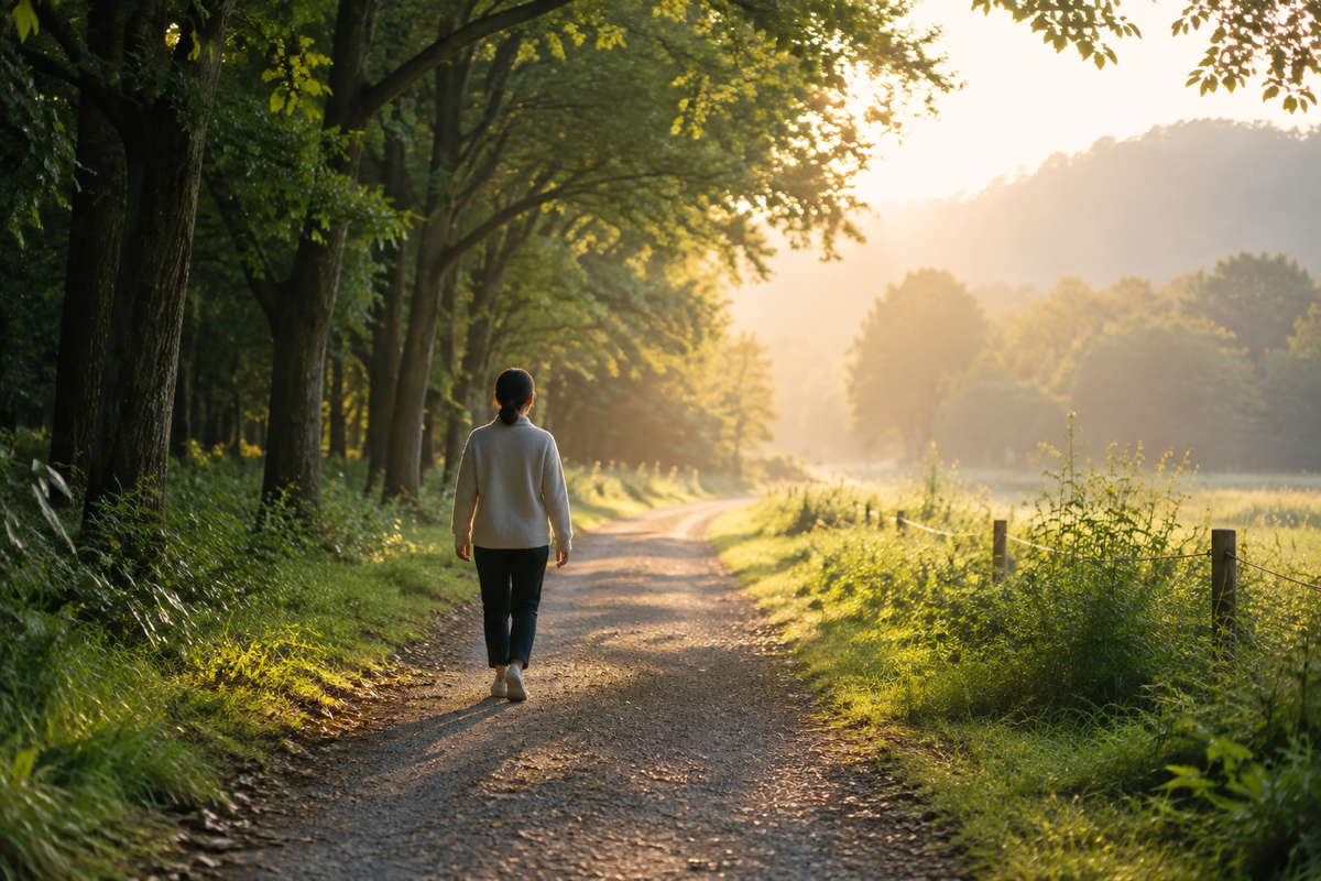 woman walks on a path in the morning under warm sunlight